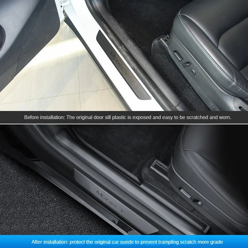 Front & Rear Door Sill Guards For Tesla Model Y ABS Inner Protector Cover Plate Trim Anti-Dirty Bumper Welcome Pedal Kick Pad