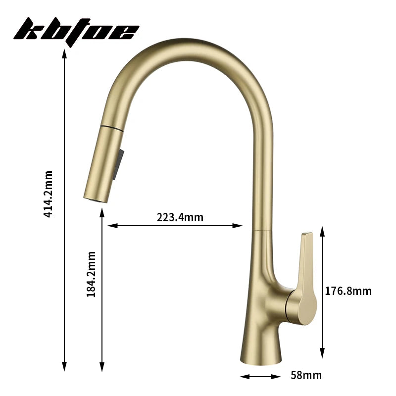 Brushed Gold Pull Out Kitchen Faucet Deck Mounted Stream Sprayer Hot and Cold Water Wash Sink Mixer Tap Brass 360 Rotation Crane