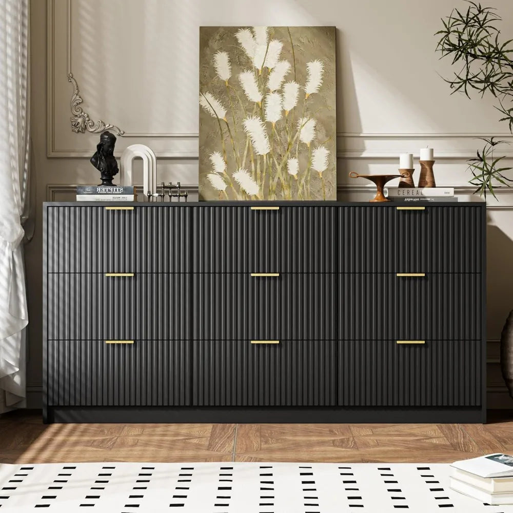 Black Dresser for Bedroom, 9 Drawer Double Dresser, Modern Chest of Drawers for Bedroom, Living Room, Entryway and Closet, 63" L