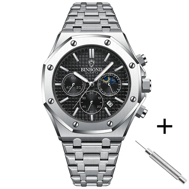 BINBOND B0161 Men's Luxury Luminous Waterproof Stainless Steel Watch