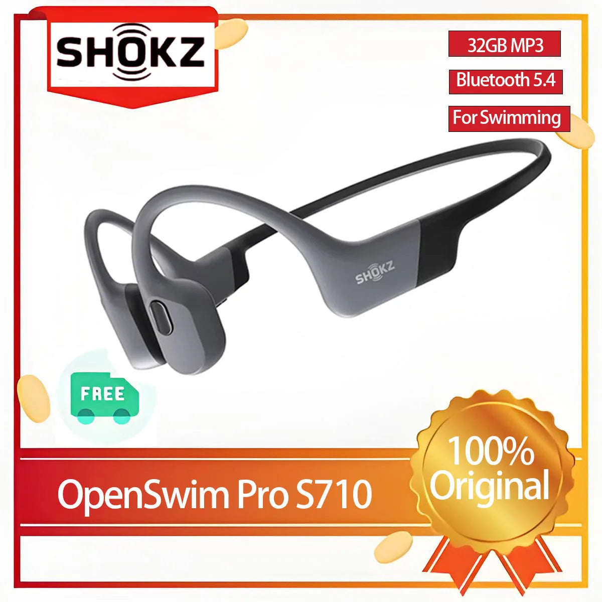 Newest Shokz OpenSwim Pro S710 Bone Conduction Wireless Bluetooth Earphone and MP3 Dual Mode IP68 Waterproof Bluetooth5.4