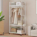 Clothing Storage Rack with Wheels, Hooks & Shelves - Space-Saving Organizer, Durable Freestanding Clothes Organizer for Bedroom
