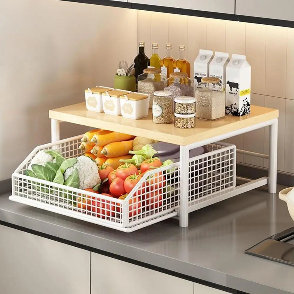 Hardwood Shelf Organizer Kitchen Storage Rack Kitchen Countertop Organizer with Drawer Wire Basket Double-tier for Coffee