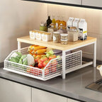 Hardwood Shelf Organizer Kitchen Storage Rack Kitchen Countertop Organizer with Drawer Wire Basket Double-tier for Coffee