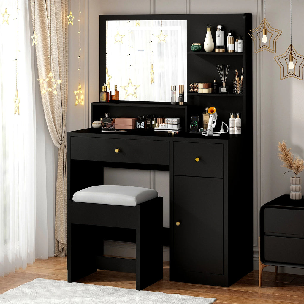 Vanity Desk with Mirror and Lights, LED Dressing Table with Vanity Chair Power Outlet, Lighted Makeup Vanity Desk with 2 Drawers