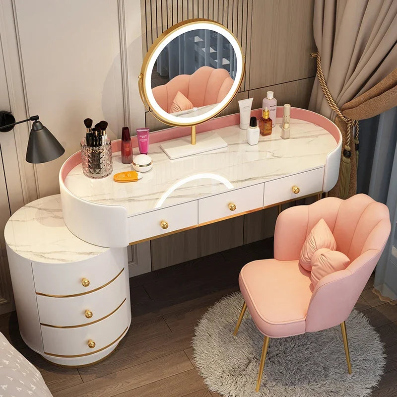 Pink White Vanity Table Women Luxury Nail European Big Stool Study Dressing Table Organizer Mesa De Maquillaje Home Furniture