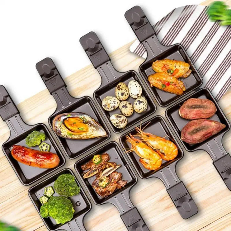 4PCS Raclette Pan with Non-Stick Coating with Insulated Handle and 4 Shovel Portable Cooking Tray for Melted Cheese Omelette