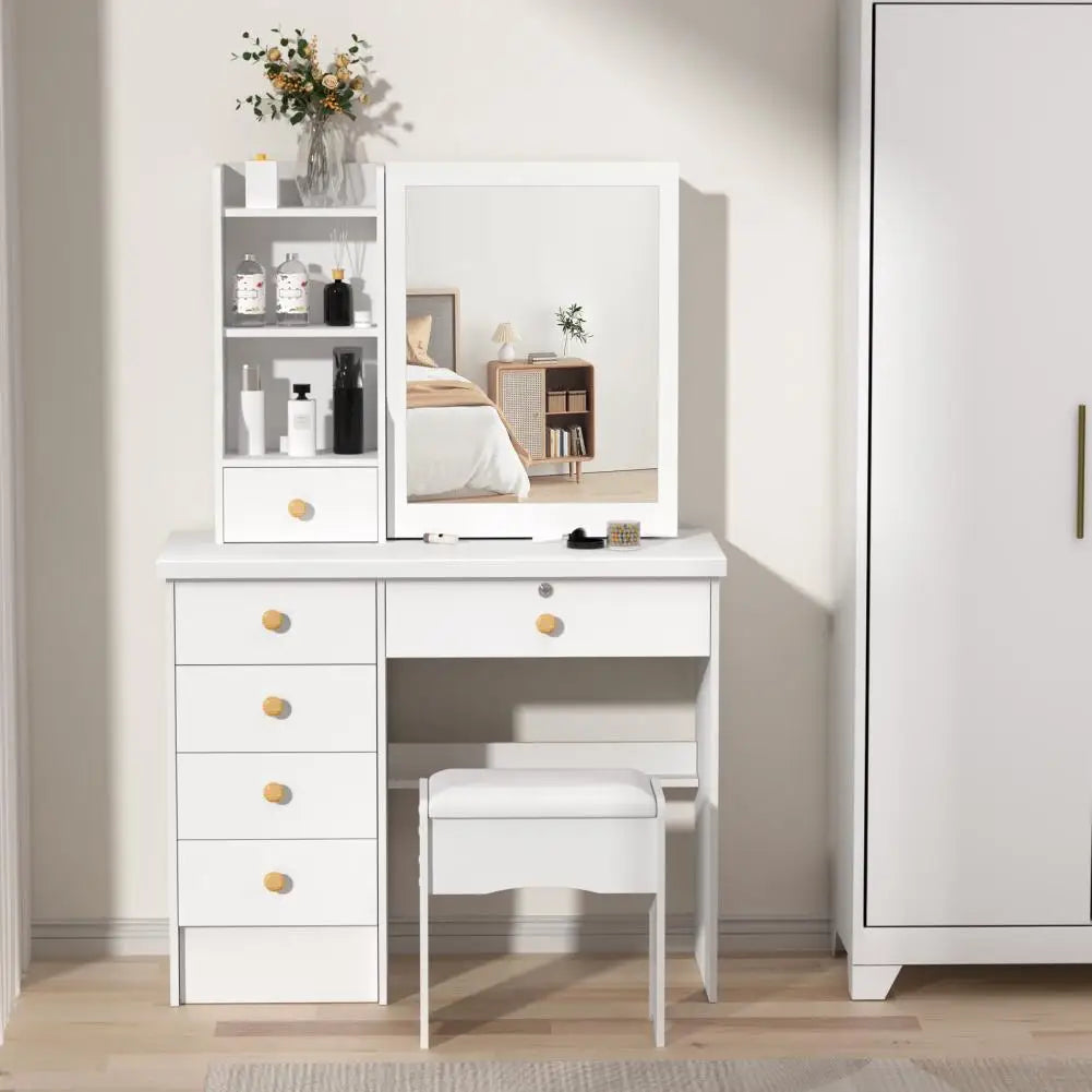 Vanity Desk with Sliding Mirror, Bedroom Dressing Table, Makeup Desk with 6 Drawers, Open Shelves, Hidden Storage Space