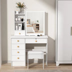 Vanity Desk with Sliding Mirror, Bedroom Dressing Table, Makeup Desk with 6 Drawers, Open Shelves, Hidden Storage Space