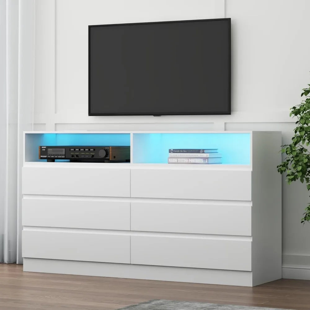 6 Drawer Double Dresser with Power Outlet, Accent Chests of Drawers with LED Light, Modern White Storage Dresser with Charging S