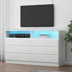 6 Drawer Double Dresser with Power Outlet, Accent Chests of Drawers with LED Light, Modern White Storage Dresser with Charging S