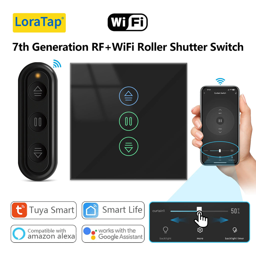 LoraTap Tuya Smart Life Roller Shutter Blinds Black Switch and Remote Percentage Control Timer Work with Google Assistant Alexa