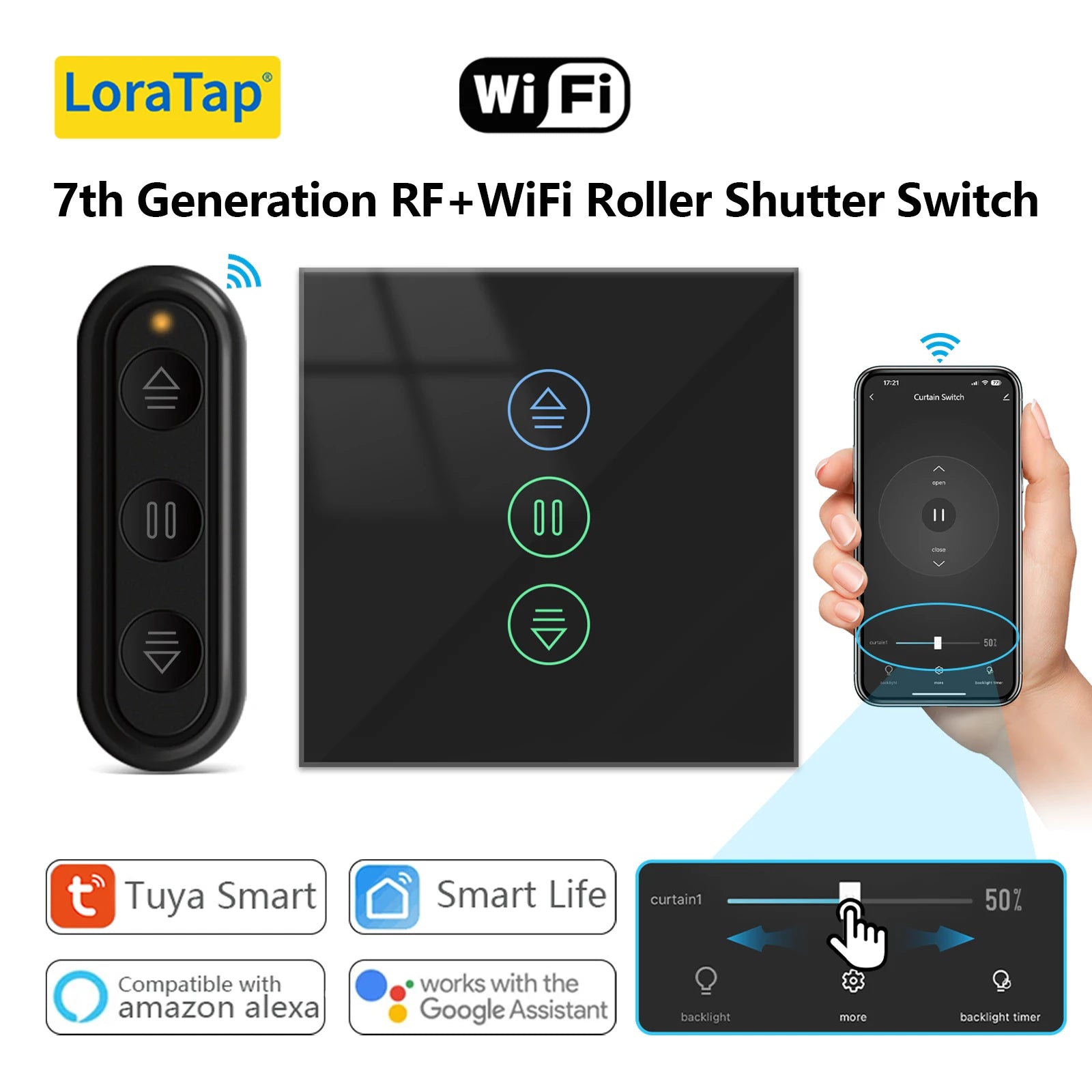 LoraTap Tuya Smart Life Roller Shutter Blinds Black Switch and Remote Percentage Control Timer Work with Google Assistant Alexa
