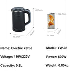 110V/220V Portable Electric Kettle Home Double-layer Stainless Steel Quick Water Boiler Travel Kettle Automatic Power Off 600W