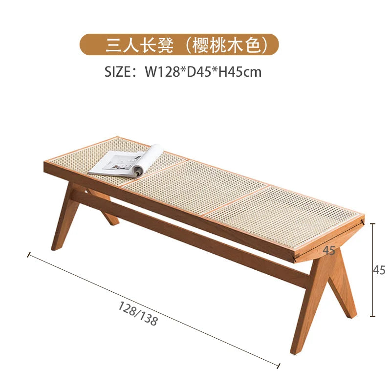Handmade Rattan Bench with Wabi - Sabi Flair: Solid Wood, Multifunctional for Home & Shoe Storage