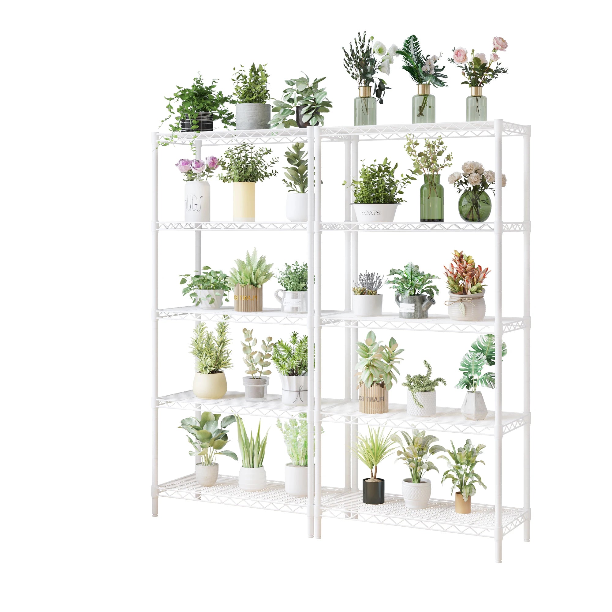 five-layer display stand without wheels with adjustable feet, freely adjustable layer spacing, iron 74*34*150cm, matte white