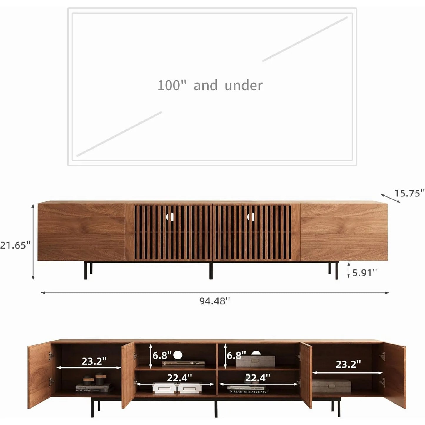 Mid Century Modern TV Stand for 80+ Inch TVs, 94.48" Walnut Console with Ample Storage – Stylish Entertainment Center for Living