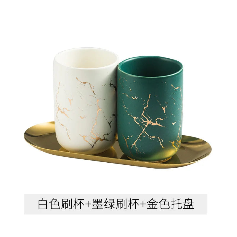 Creative Marbled Gold Plated Mouthwash Cup Couple Toothbrush Holder Bathroom Accessories Ceramic Mouthwash Cup Home Decoration