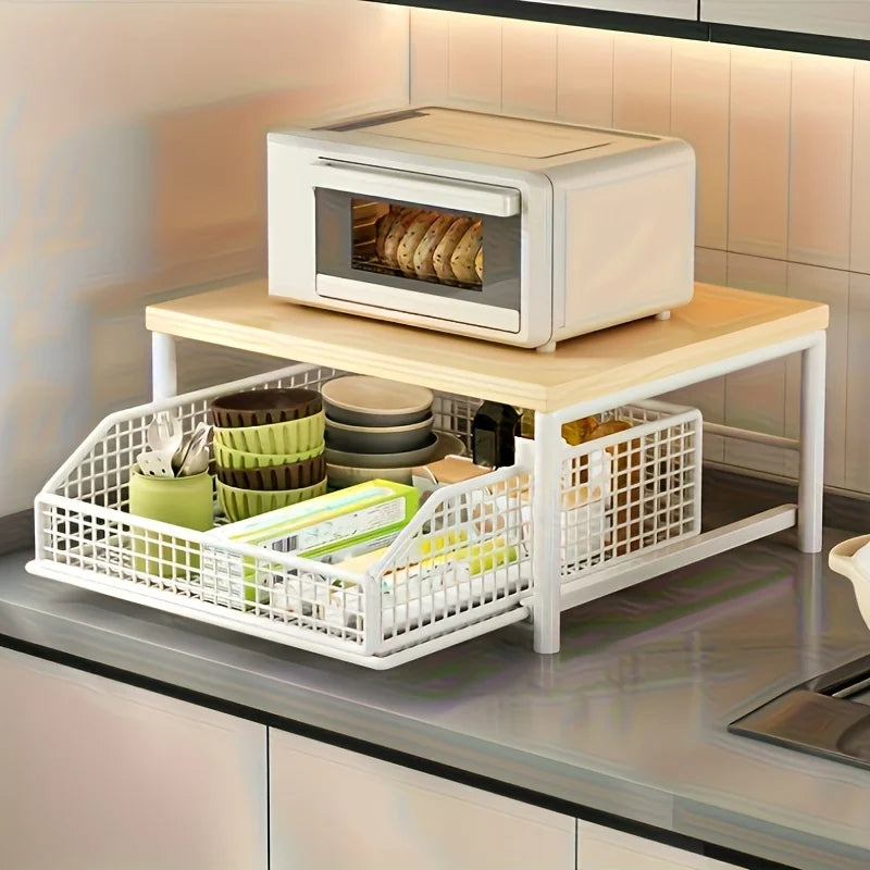 2-Tier Kitchen Countertop Storage Rack - with Drawers + Mesh Baskets Sturdy Solid Wood + Metal Material Space Saving Fits Coffee