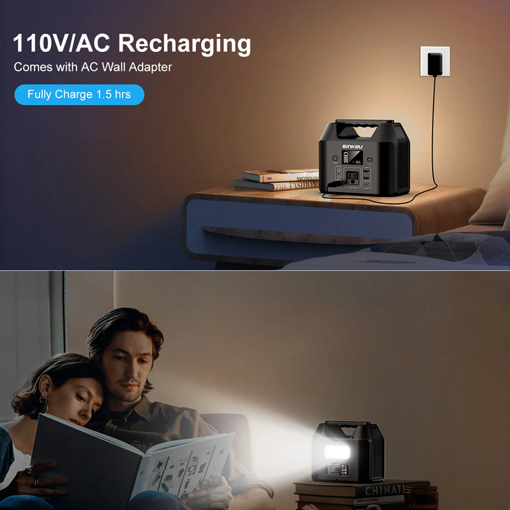 150W Portable Power Station 122.8Wh LiFePO4 Battery Solar Generator Power Bank with AC 110V & LED Flashlight for Camping/Home/RV