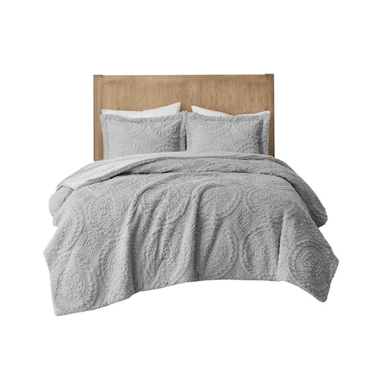 King/Cal King Embroidered Medallion Faux Fur Ultra Plush Comforter Mini Set