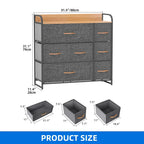 7 Drawers Dresser Fabric Storage Tower Wooden Top Shelf Modern Organizer, Dark Gray