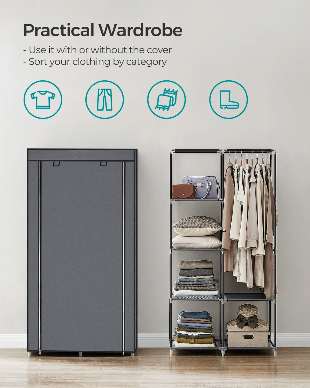 SONGMICS Portable Closet, Clothes Storage Organizer with 6 Shelves, 1 Clothes Hanging Rail, Non-Woven Fabric Closet, Metal Frame