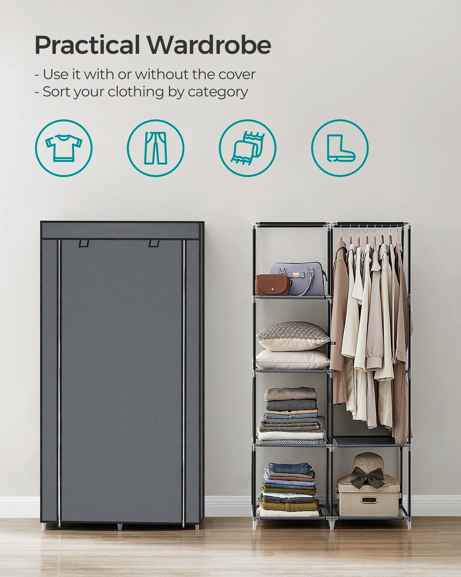 SONGMICS Portable Closet, Clothes Storage Organizer with 6 Shelves, 1 Clothes Hanging Rail, Non-Woven Fabric Closet, Metal Frame