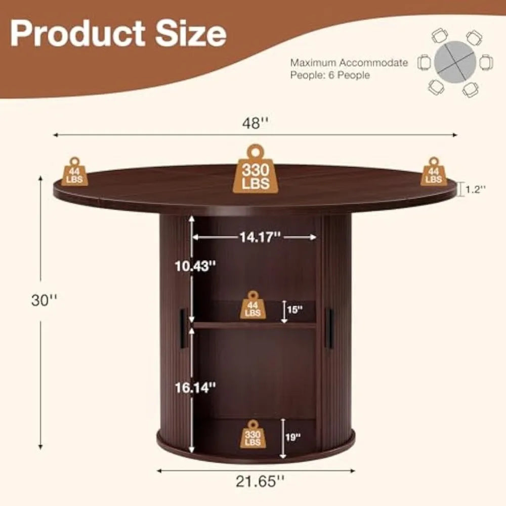 48'' Round Dining Table for 4-6 Kitchen Dining Table with Storage Dinner Room Table with 2-Layer Shelf and Wood Slide Door for