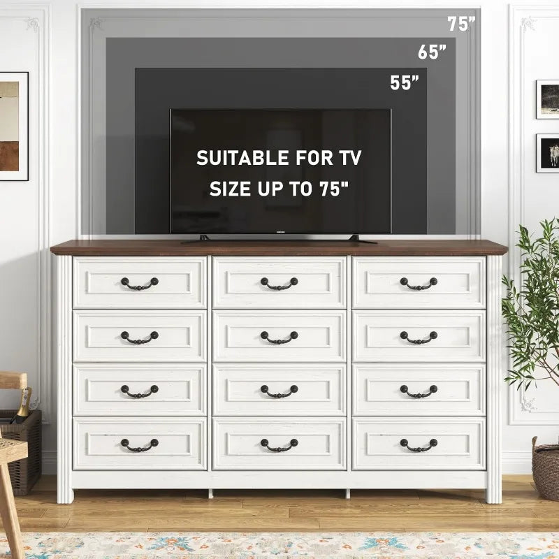 Farmhouse 12 Drawer Dresser for Bedroom, 63” Wood Dresser & Chest of Drawers with Rustic Handles, Wide Closet Dresser Organizer