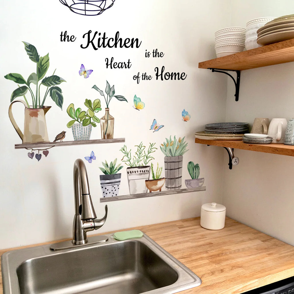 Kitchen Green Plants Cooking Art Butterfly Flower Kitchen Quotes Wall Stickers Art Home Decorations Wall Decals