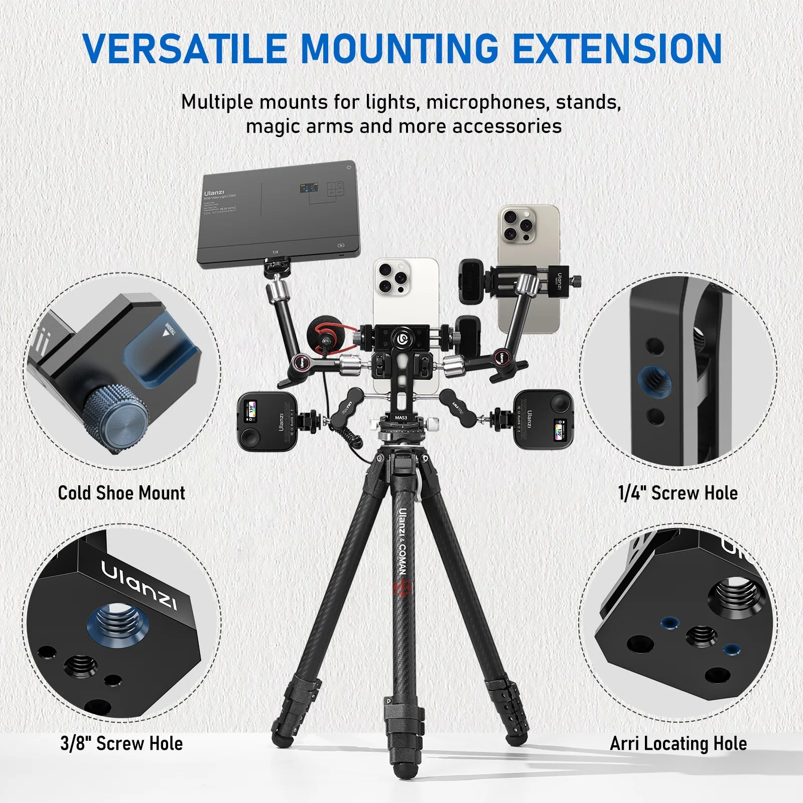 Ulanzi MA53 360 Rotation Metal Phone Holder Tripod Mount Cold Shoe Uka Arca Mount Clip Clamp with 60-95mm Width for Living Vlog
