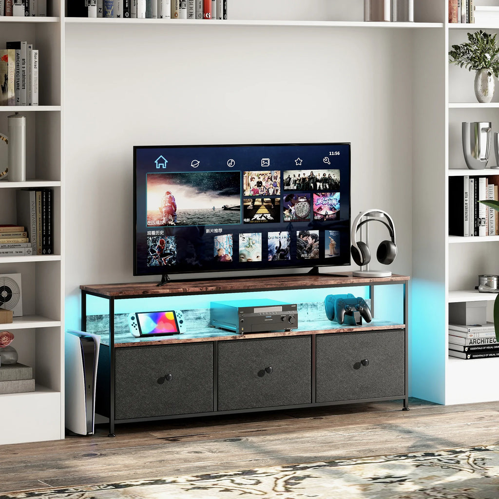 Anajqaqia TV Cabinet, LED Colour Changing TV Cabinet with 3 Drawers, TV Table, with Open Storage Space for Living Room, Bedroom