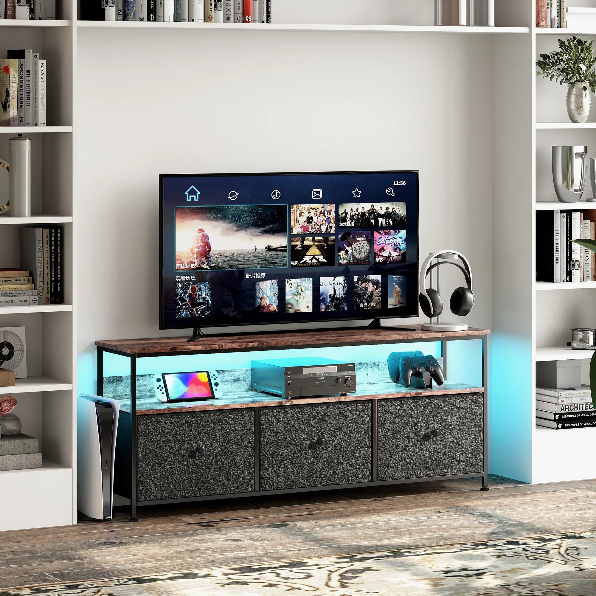 Anajqaqia TV Cabinet, LED Colour Changing TV Cabinet with 3 Drawers, TV Table, with Open Storage Space for Living Room, Bedroom