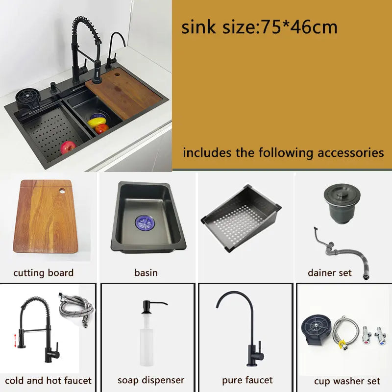 kitchen sink waterfall faucet honeycomb anti-scratch nano technology left drain Stainless Steel sinks 4 function kitchen faucet