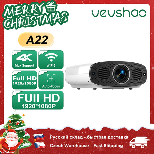 VEVSHAO A22 Full HD 1080P Projector 4K 1000ANSI Android WiFi Auto Focus 10W*2 Home Theater Projector for Office Meeting Video