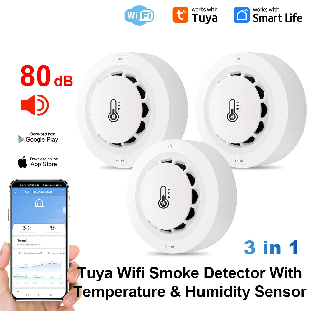 Tuya Wifi BT Two Connection Smoke Detector Temperature Humidity Measurement Device 80dB Sound Alarm Remote Push Alert Function