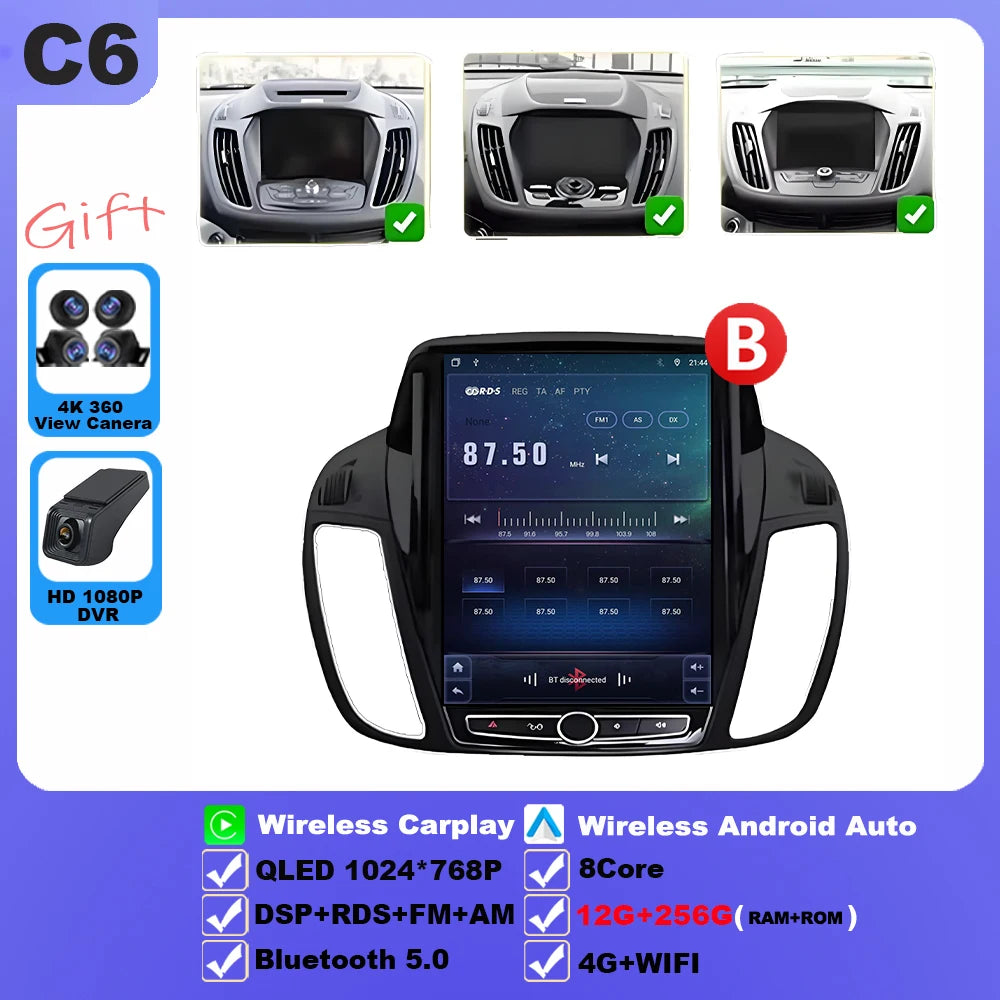Wireless Android 15 Carplay For Ford Kuga 2 Escape 3 2012-2019 9.7 Inch Tesla Style Car Multimedia Player 5G Wifi Touch Display