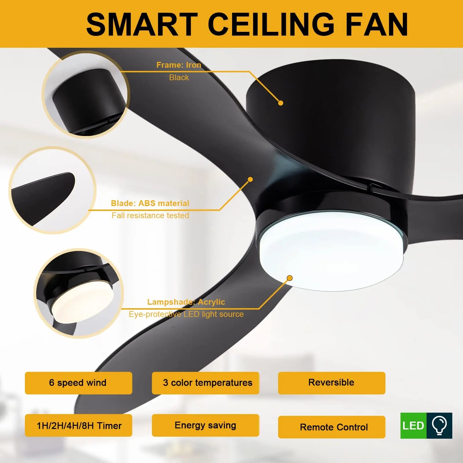 Jelena LED Ceiling Fan Light 6th Gear Wind Speed Living Room Bedroom H