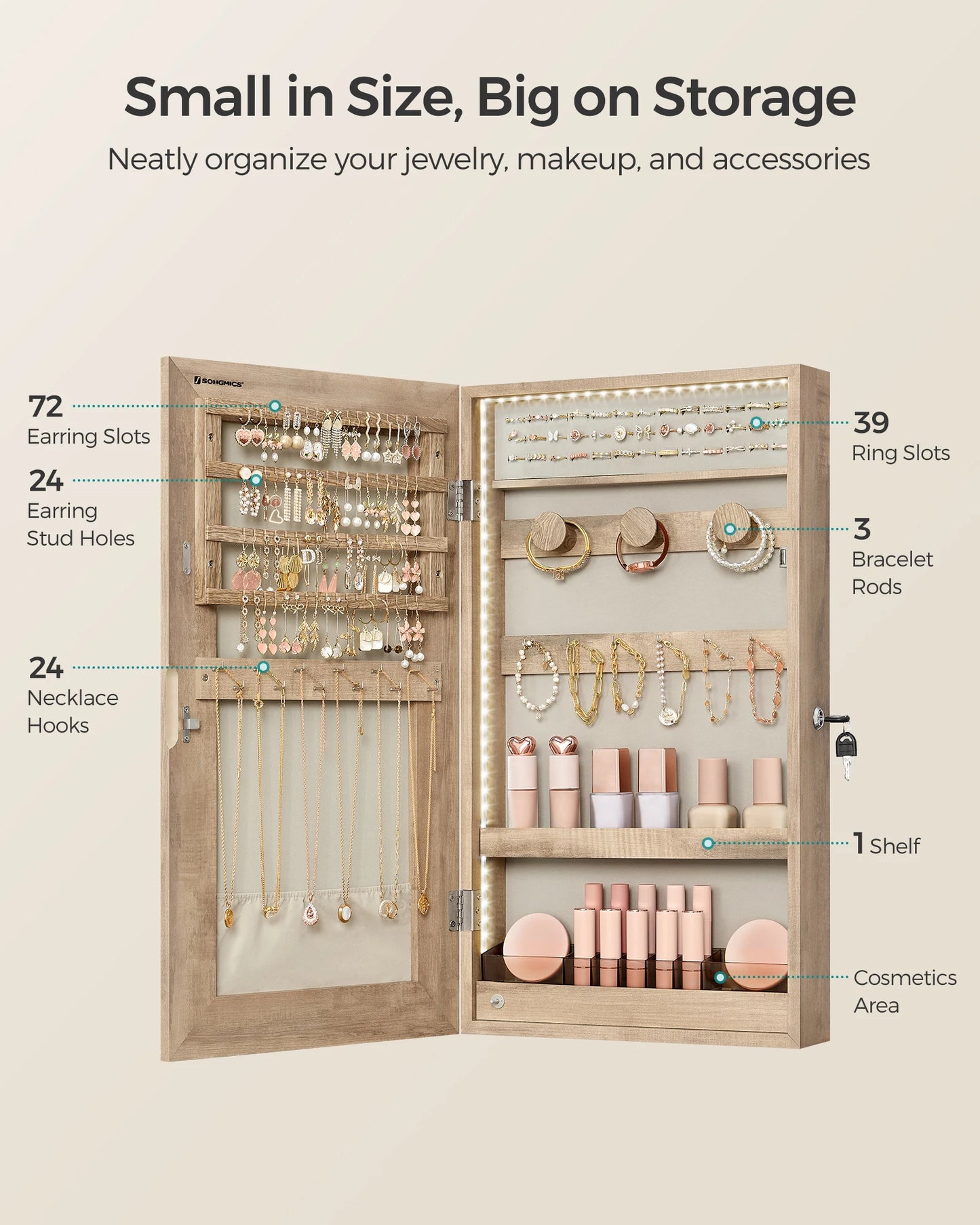 SONGMICS Mirror Jewelry Cabinet Armoire with Built-in LED Lights, Wall or Door Mounted Jewelry Storage Organizer
