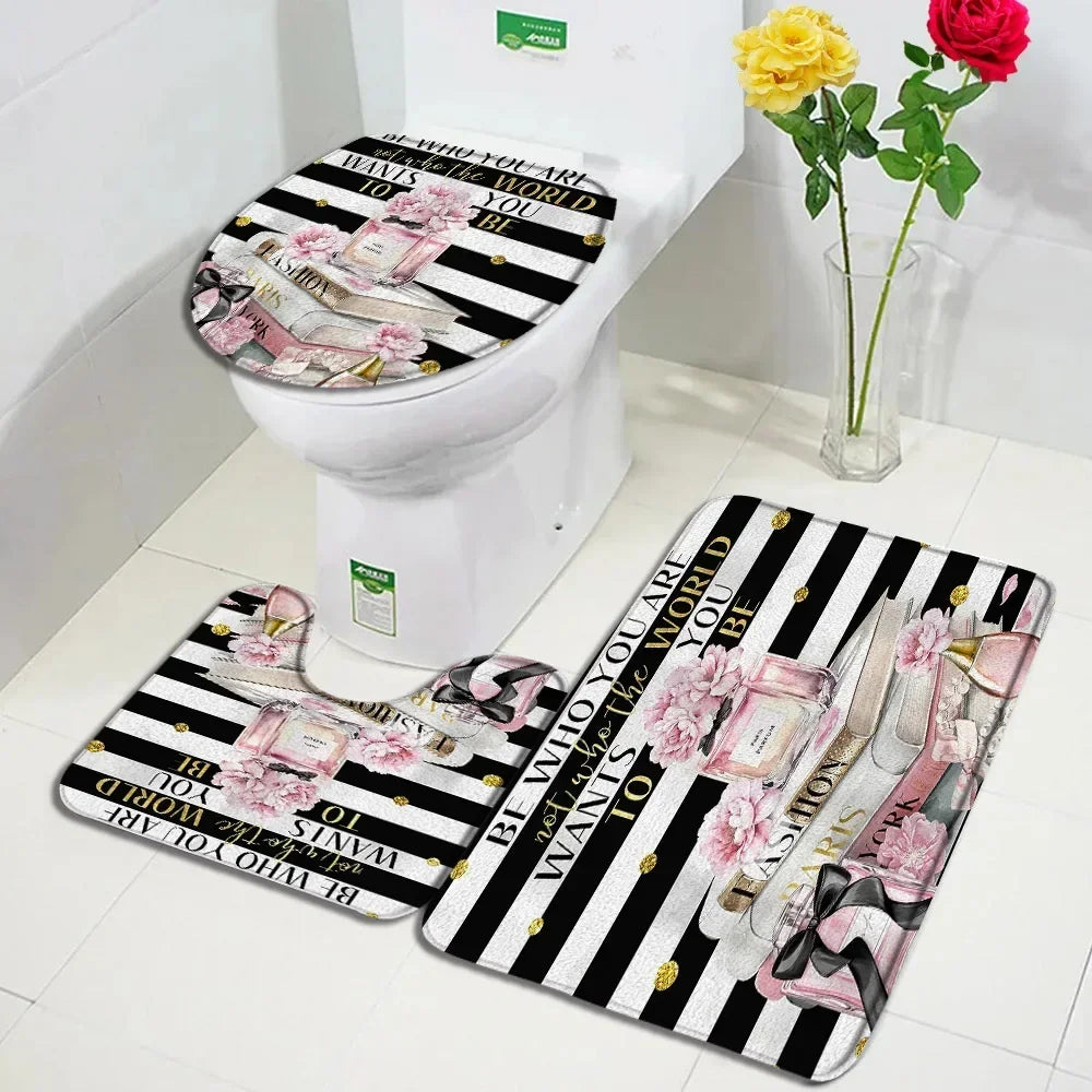 Fashion Perfume Shower Curtain Set Pink Rose Flower Modern Woman Girl Home Bathroom Decor Non Slip Rug Bath Mat Toilet Lid Cover