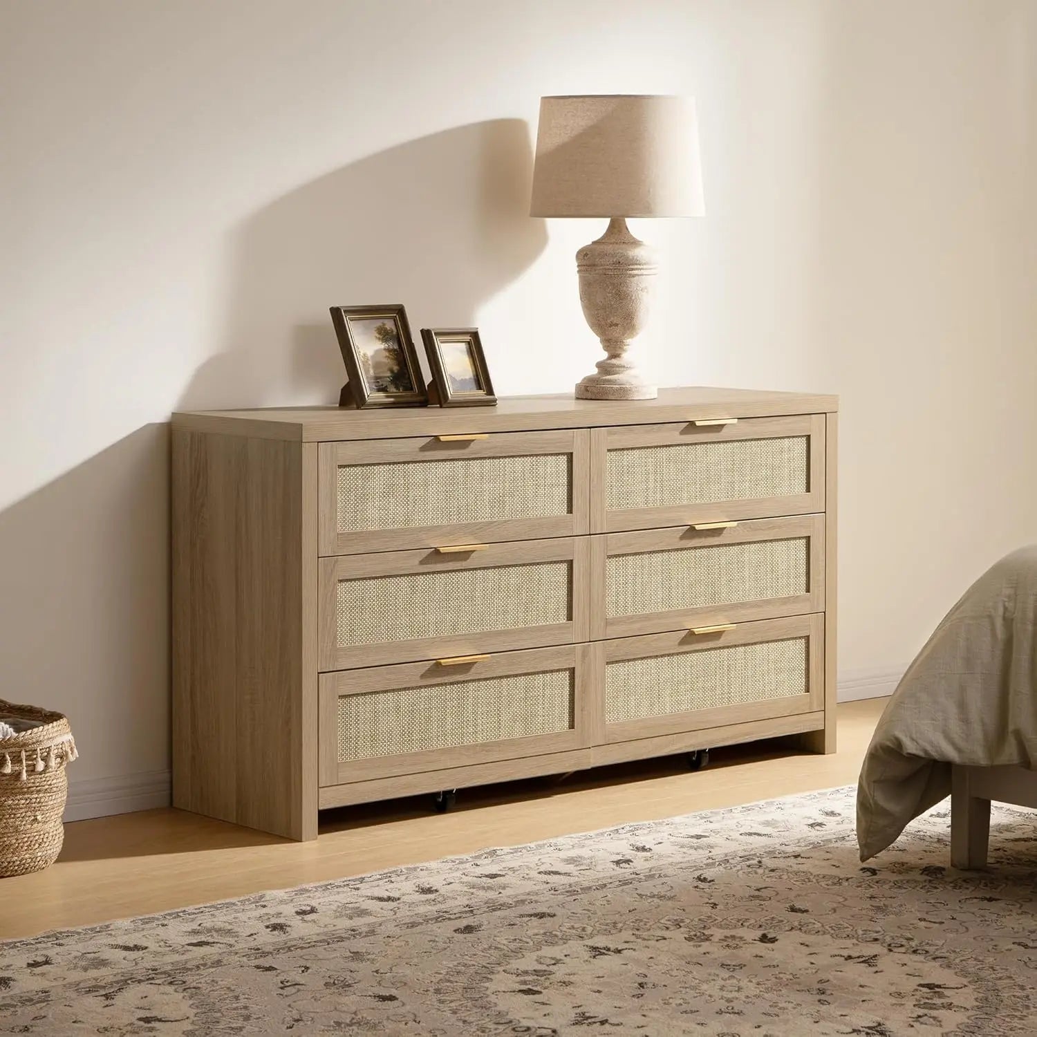 Rattan Dresser for Bedroom, 56.9" Wide 6 Drawer Dresser with Ample Storage, Dressers Large Chest of DrawersCloset, Boho TV Stand