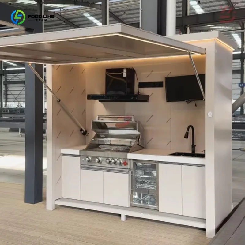 Customized lightweight durable outdoor kitchen island aluminum frame design equipped with sink and storage cabinet