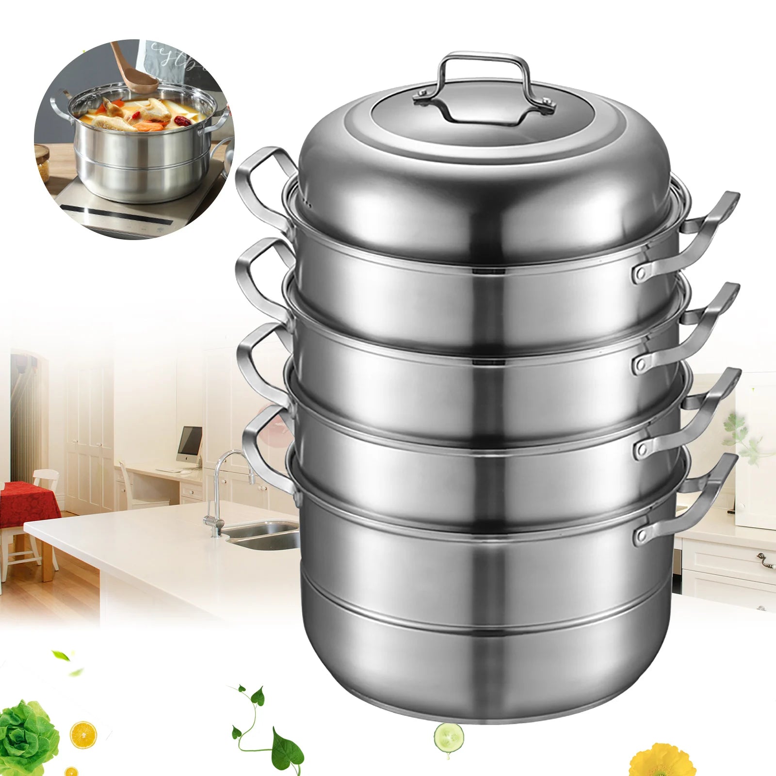 5 Tier Stainless Steel Steamer Cookware Steam Pot Food Cooker Pot +Lid  for Induction and Gas Cooker Kitcken