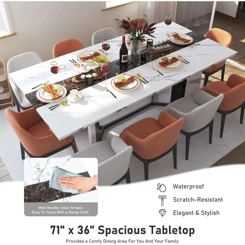 71 Inch Large Rectangular Dining Table with Marble Color Waterproof Tabletop and Adjustable Legs, 6 Feet Family Dining Table