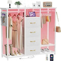 Dresser for Bedroom with 2 Clothes Racks, 4 Drawer Closet with Led Light and Charging Station, Black Wardrobe with Hanging Rack,