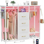 Dresser for Bedroom with 2 Clothes Racks, 4 Drawer Closet with Led Light and Charging Station, Black Wardrobe with Hanging Rack,