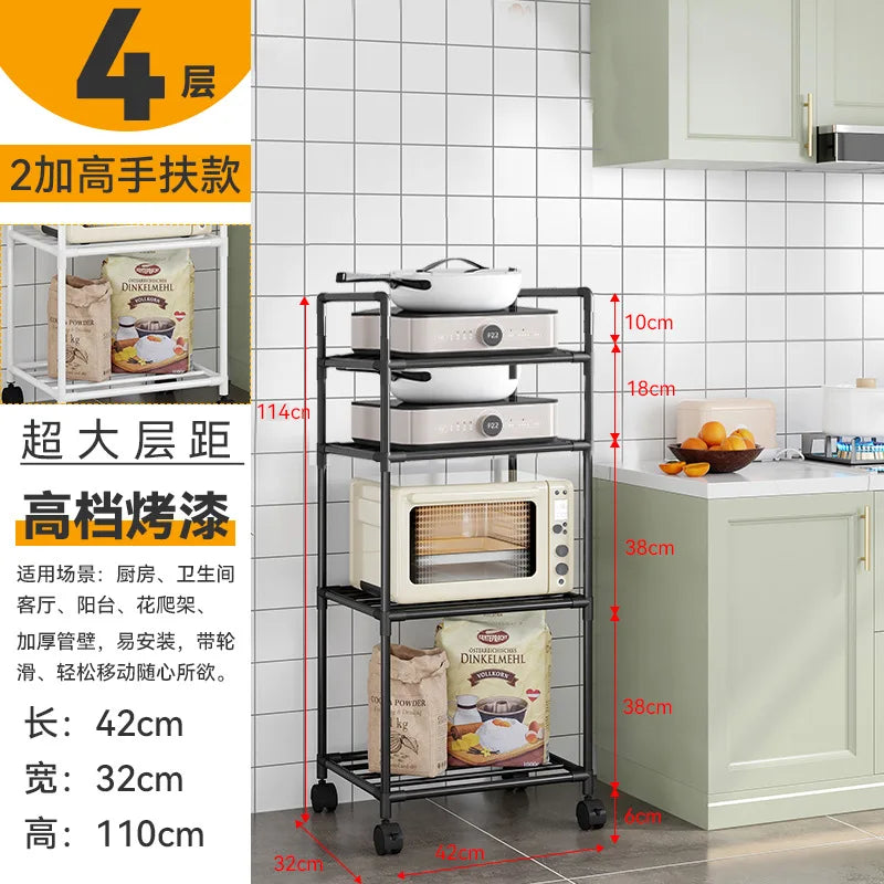 Floor-Standing Multi Layer Storage Rack Shelf with Pulley Trolley Bathroom Kitchen Microwave Storage Rack Kitchen Accessories