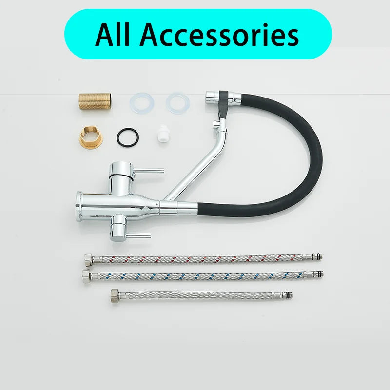 Kitchen Purified Water 2 Function Brass Cold and Hot Mix Faucet Black Flexible Water Pipe 360 Rotate Filtered Water Deck Install