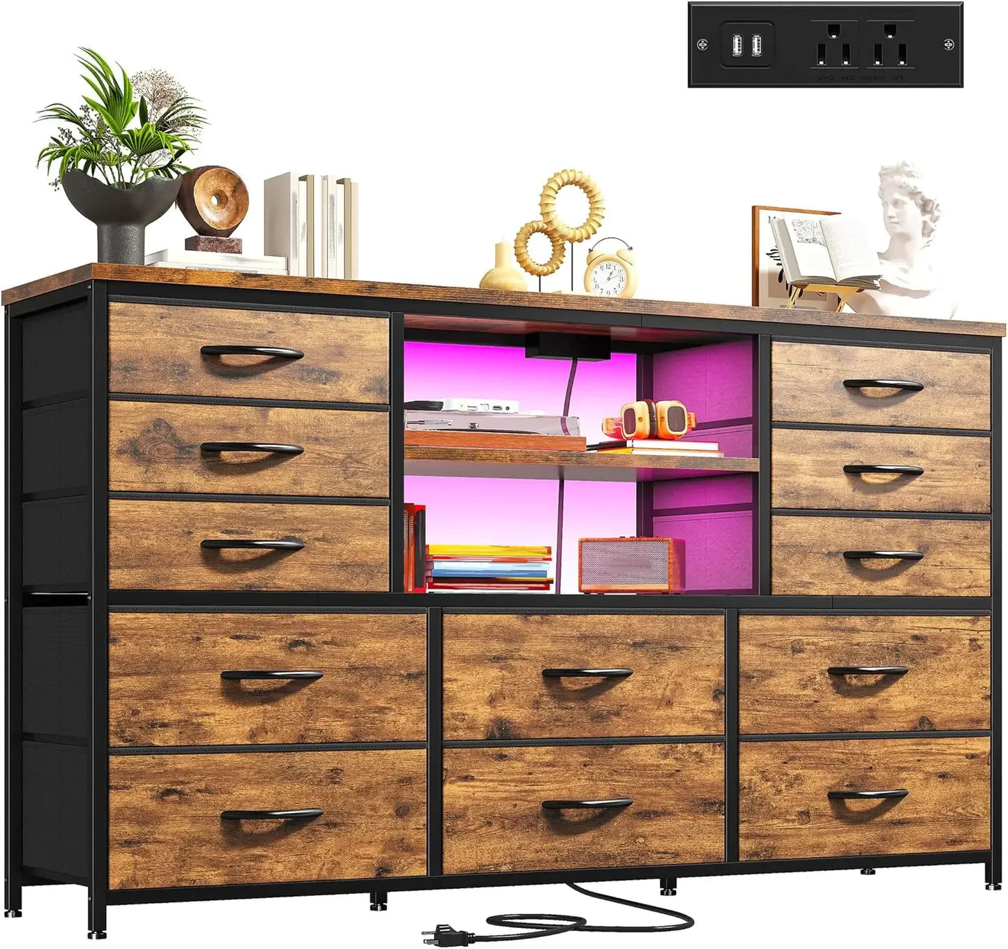 Dresser with LED Lights & Power Outlets, 12 Drawers Dresser TV Stand for 60''TV for Bedroom Dresser Fabric Dressers & Chest